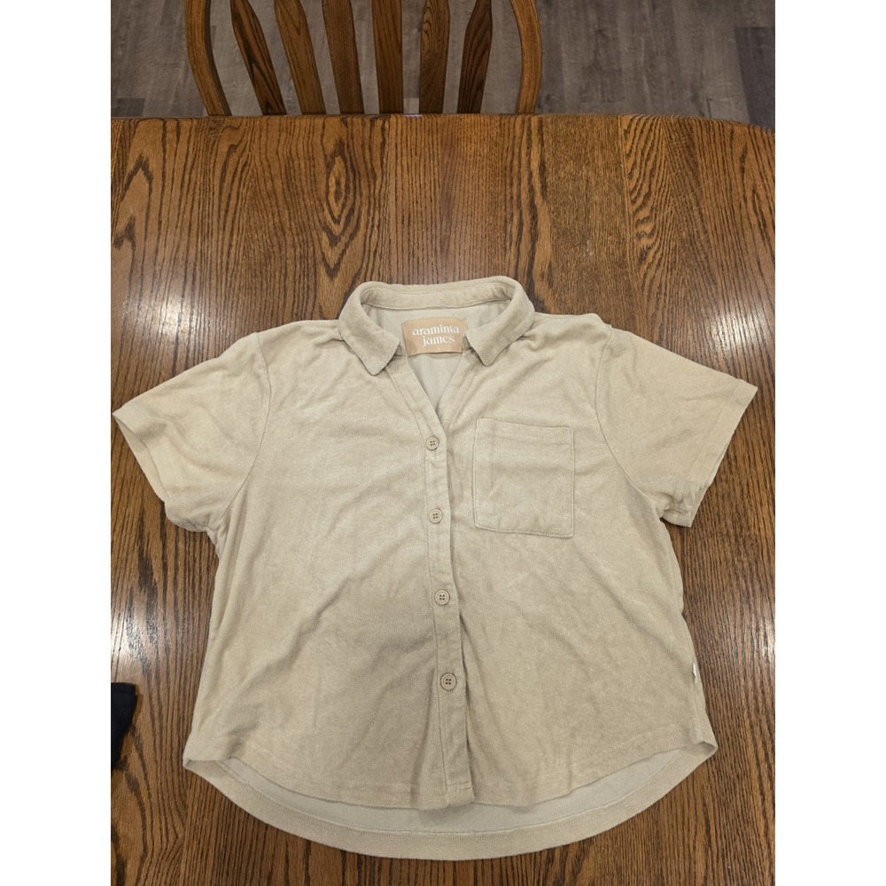 Araminta James Terry Cloth Button Front Shirt Beige Resort Coastal Top SM